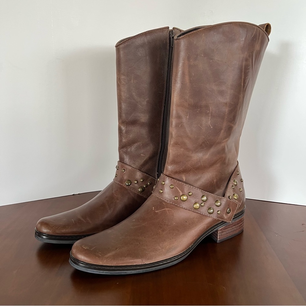 Matisse Brown Leather Boots Size 7 M Womens Zip Up Stud Mid Calf Ankle Strap